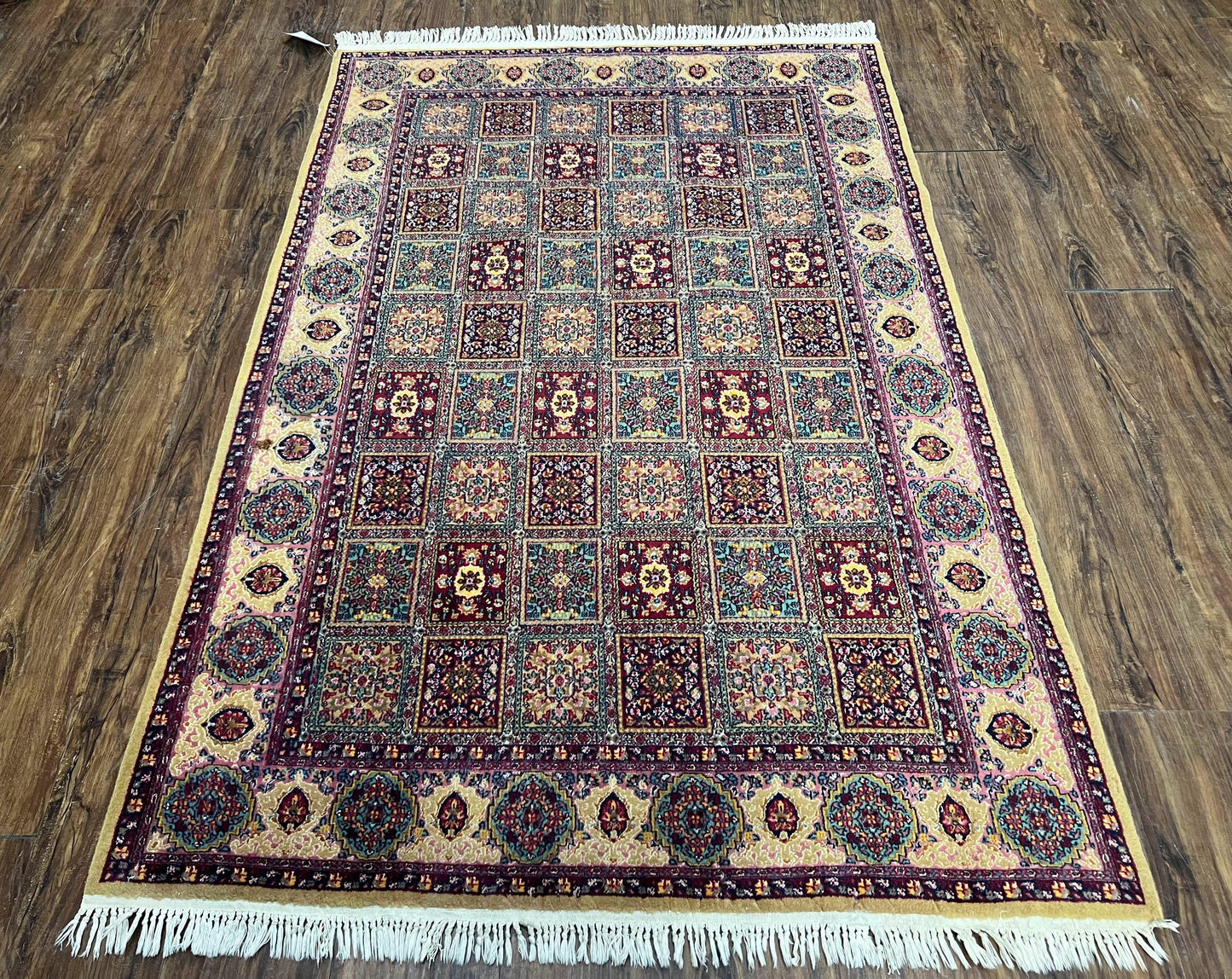 Indo Persian Silk Rug 4x6 Hand Knotted Panel Design Vintage Oriental Carpet