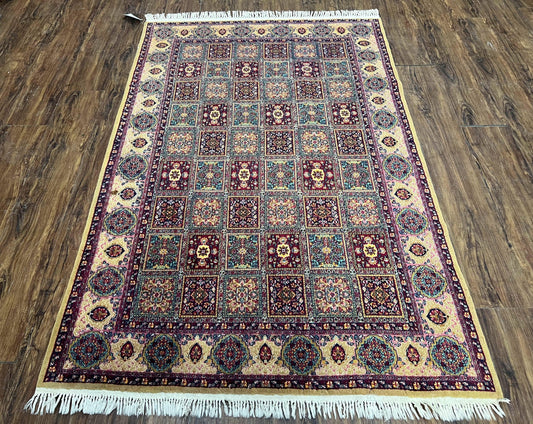 Indo Persian Silk Rug 4x6 Hand Knotted Panel Design Vintage Oriental Carpet