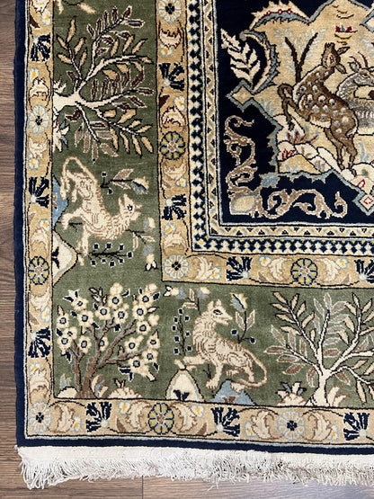 Persian Qum Rug 6x9 Hand Knotted Tree Of Life Oriental Carpet Navy Blue Green