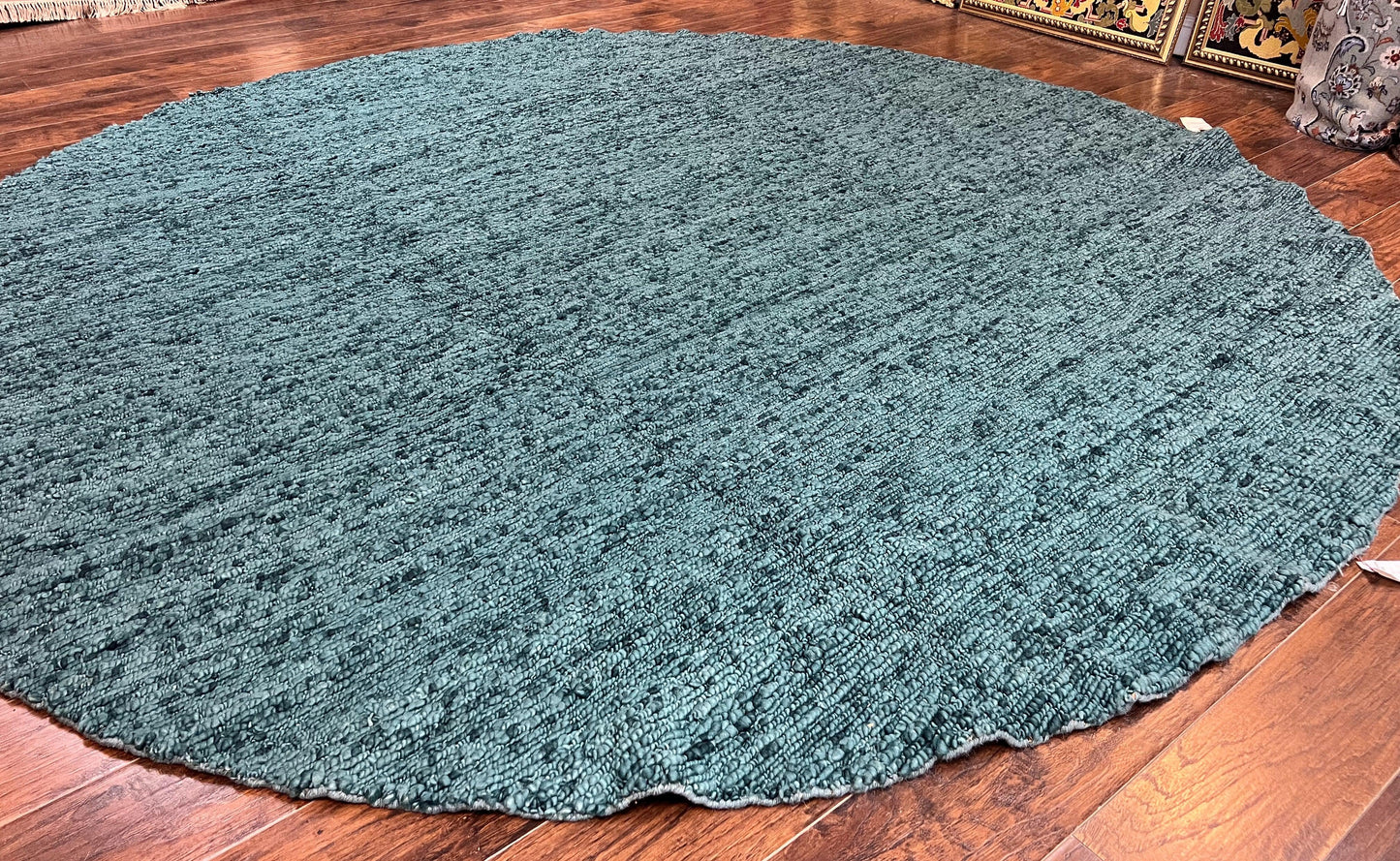 Round Indian Wool Rug Hand Knotted Teal Vintage Home Decor