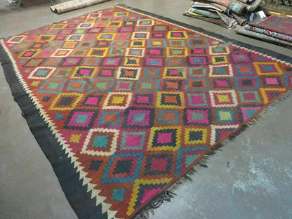 Antique Afghan Kilim Rug Handmade Flatweave Wool 7x10 Vintage Colorful Diamond Pattern