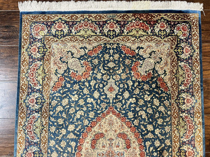 Magnificent Persian Qum Silk Rug 3x5, Blue, Super Fine 675 KPSI - 70 Raj, Floral Roses, Handmade Vintage Silk Carpet, Masterpiece