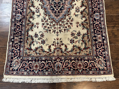 Kashmiri Rug 4x6 Handmade Wool Ivory Beige Navy Blue Indo Persian Traditional