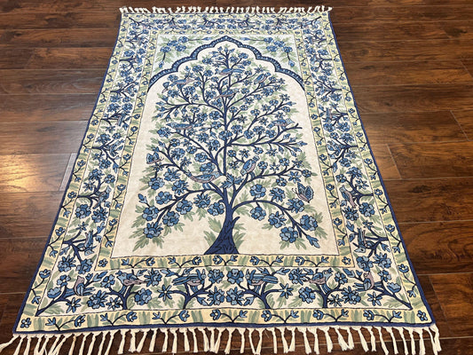 Tree Of Life Rug Indian Hand Stitched Silk On Cotton Vintage 4x6 Wall Hanging