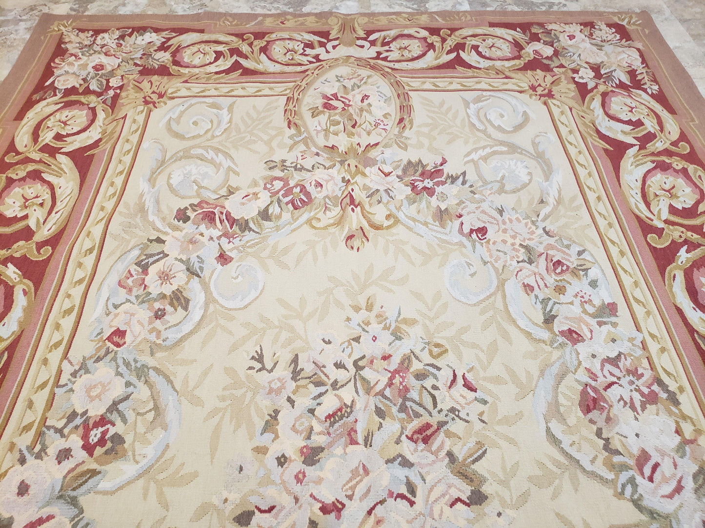Aubusson Rug 6x9 Flatweave Wool Hand Woven Cream And Red