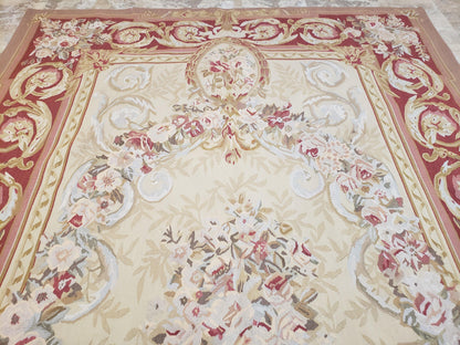Aubusson Rug 6x9 Flatweave Wool Hand Woven Cream And Red