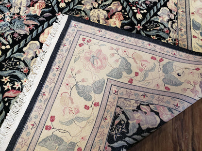 Black Kirman Rug, 8x11 - 9x12 Rug, Sino-Persian Rug, Floral Oriental Carpet, Handmade Rug, Black and Ivory Rug, Room Sized Area Rug, Wool