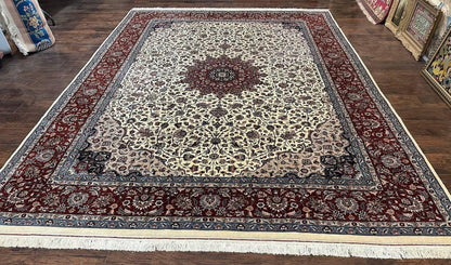 Sino Persian Rug 9x12, Vintage Wool Oriental Carpet, Floral Medallion, Wool Rug, Cream and Maroon
