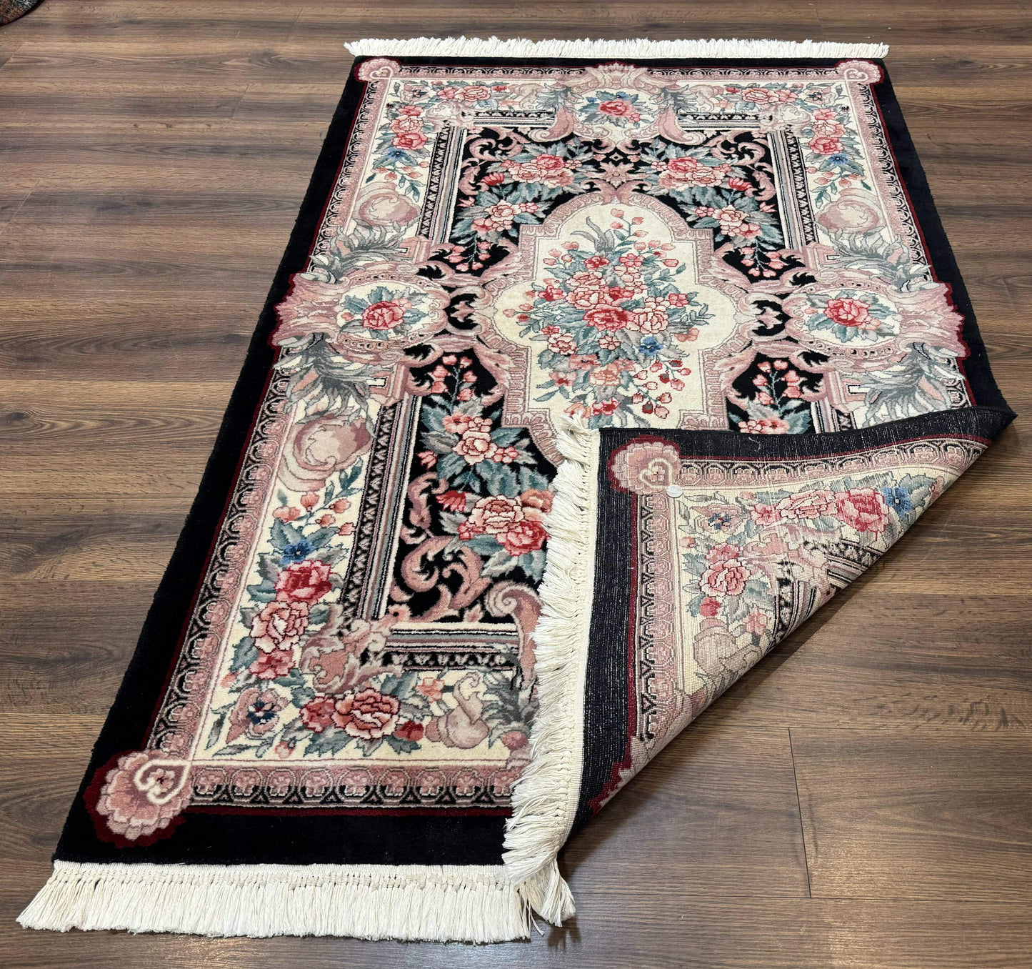 Aubusson Rug 4x6 Hand Knotted Wool Elegant European Floral Design Black Ivory Area Rug