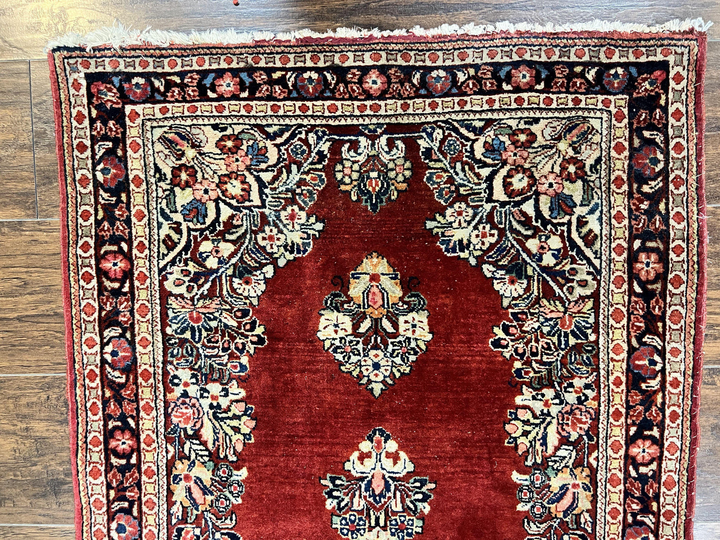 Persian Sarouk Runner Rug 2.7 x 6, Semi Open Field, Red, Handmade Hand Knotted, Wool Oriental Carpet, Vintage Semi Antique