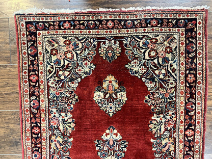 Persian Sarouk Runner Rug 2.7 x 6, Semi Open Field, Red, Handmade Hand Knotted, Wool Oriental Carpet, Vintage Semi Antique