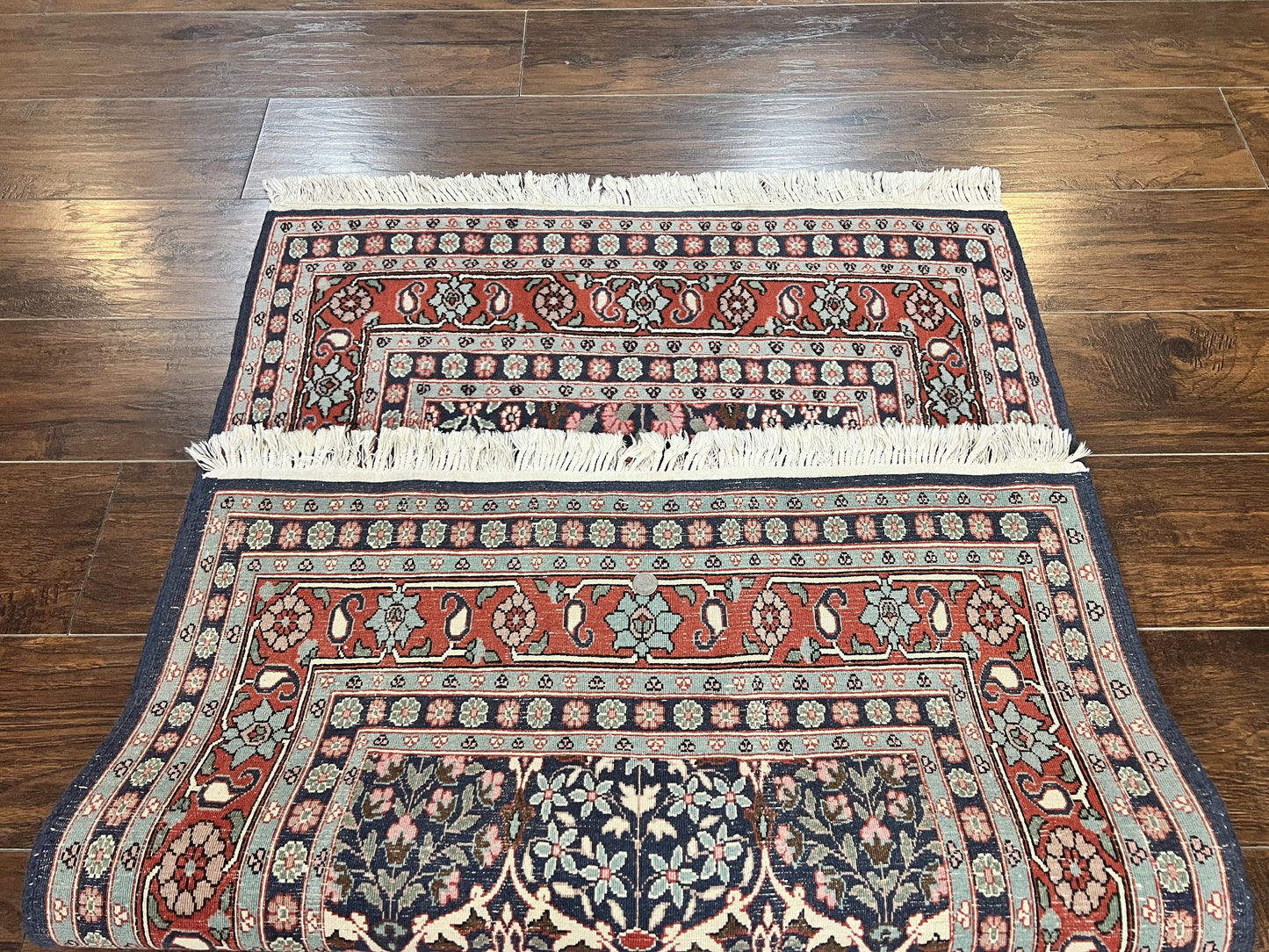 Pak Persian Rug 3x4, Wool Hand Knotted Vintage Traditional Carpet, Navy Blue & Red, Very Fine Small Handmade Floral Rug