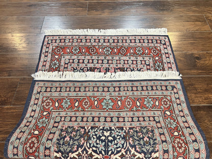 Pak Persian Rug 3x4, Wool Hand Knotted Vintage Traditional Carpet, Navy Blue & Red, Very Fine Small Handmade Floral Rug