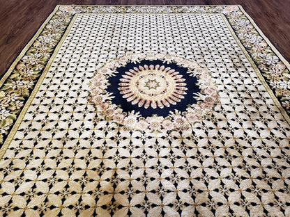 Indo Tibetan Wool Rug Handmade 6x8 Floral Border In Black Cream