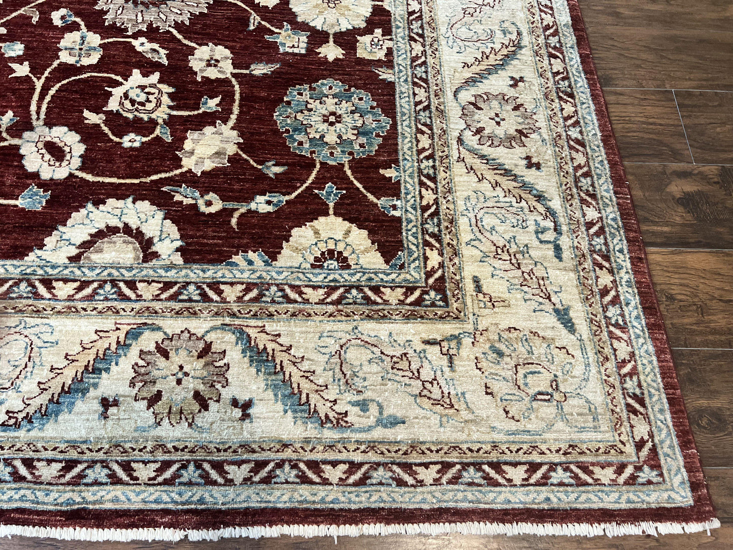 Peshawar Rug 9x11, Pakistani Oriental Carpet, Maroon and Beige, Floral Allover, Wool Hand Knotted Handmade Vintage Rug