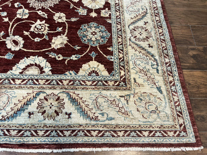 Peshawar Rug 9x11, Pakistani Oriental Carpet, Maroon and Beige, Floral Allover, Wool Hand Knotted Handmade Vintage Rug