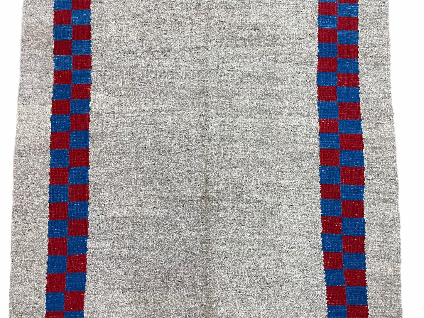 Gray Turkish Kilim Carpet 5' 7" x 7' 7", Medium Kilim Rug, Hand-Knotted, Blue & Red Border, Minimalistic Design, Geometric, Wool, New