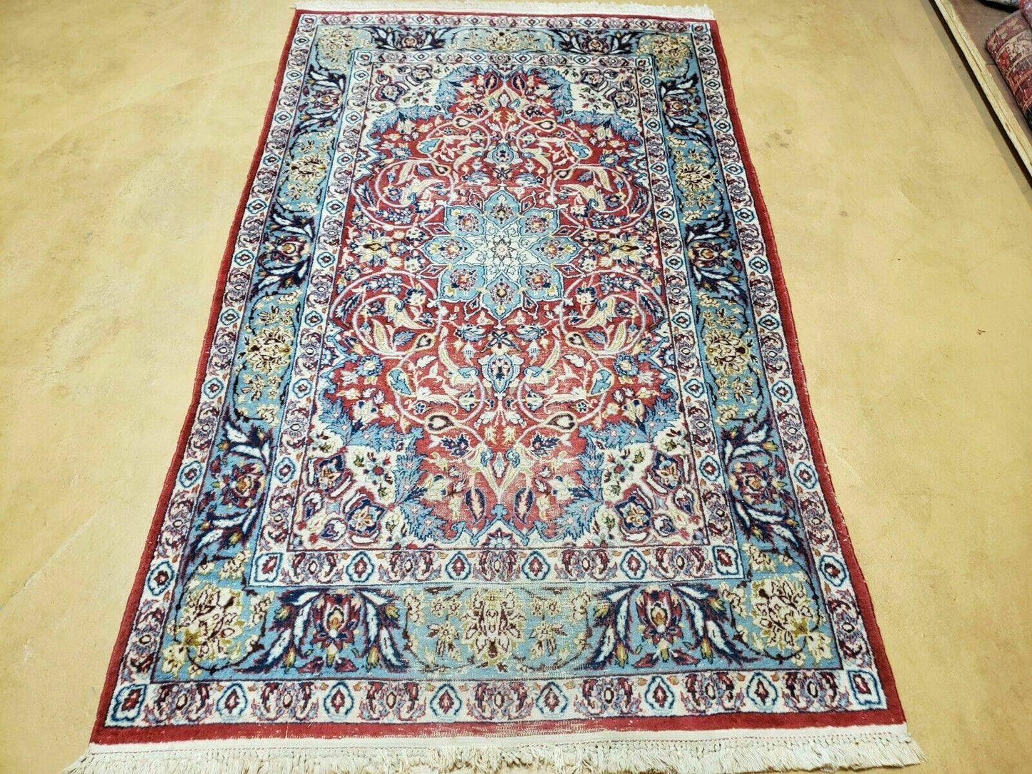Vintage Turkish Handwoven Wool Rug 3 Ft 5 In By 5 Ft 8 In With Vegetable Dyes