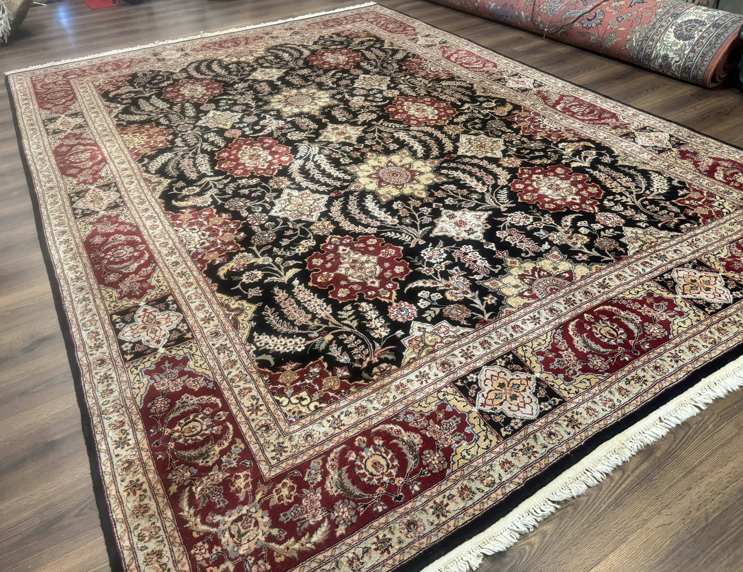 Sino Persian Rug 9x12 Wool Silk Handmade Allover Pattern Black Maroon