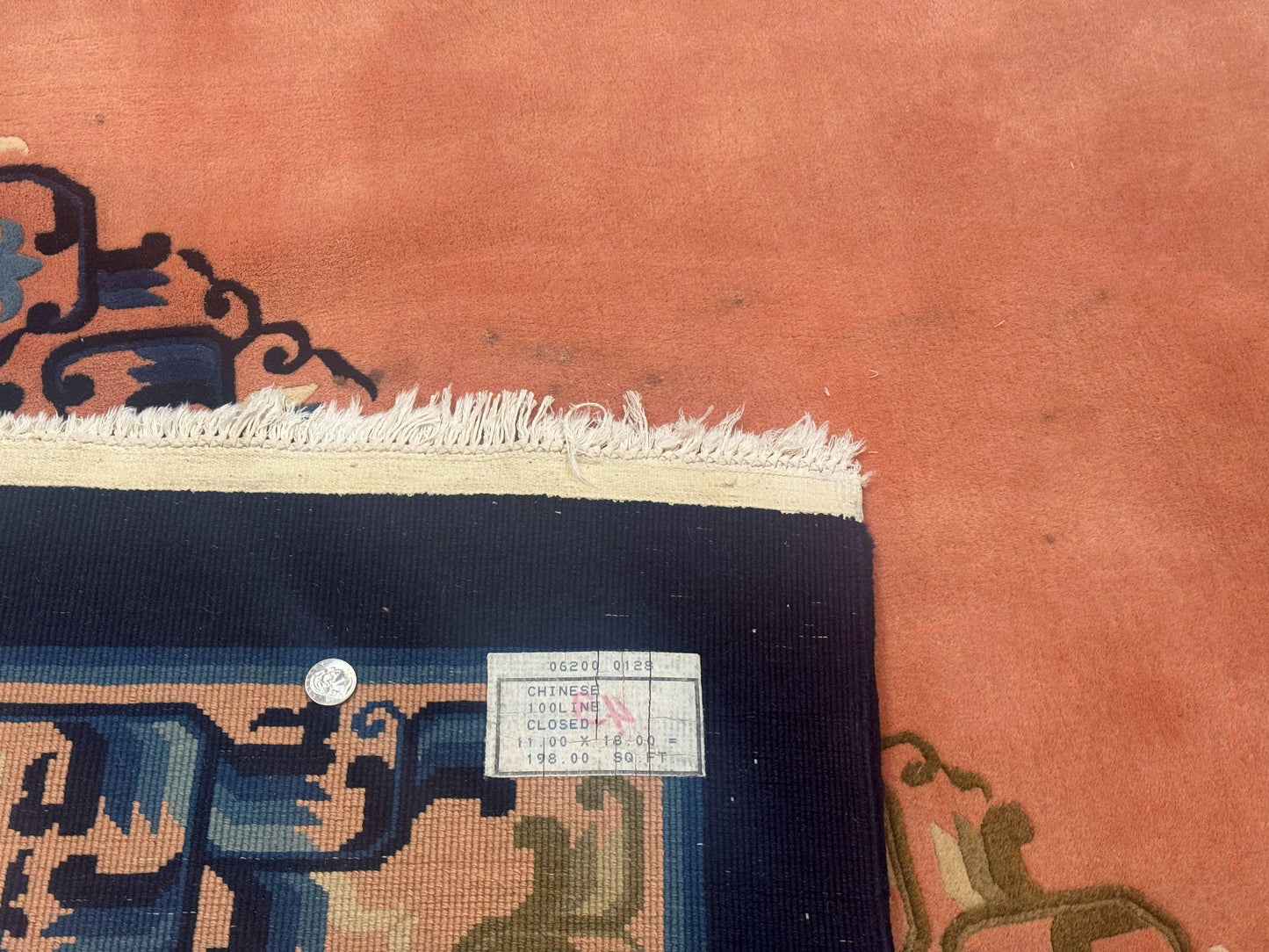 Chinese Wool Rug 11X18 Peking Style Open Field Peach and Blue Art Deco Handmade Carpet