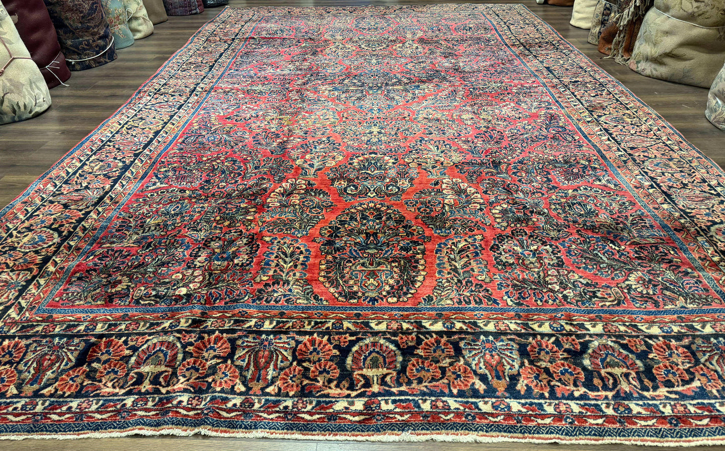 Persian Sarouk Rug 10x16 Palace Size Antique Red Carpet With Floral Medallion