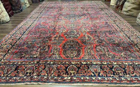 Persian Sarouk Rug 10x16 Palace Size Antique Red Carpet With Floral Medallion