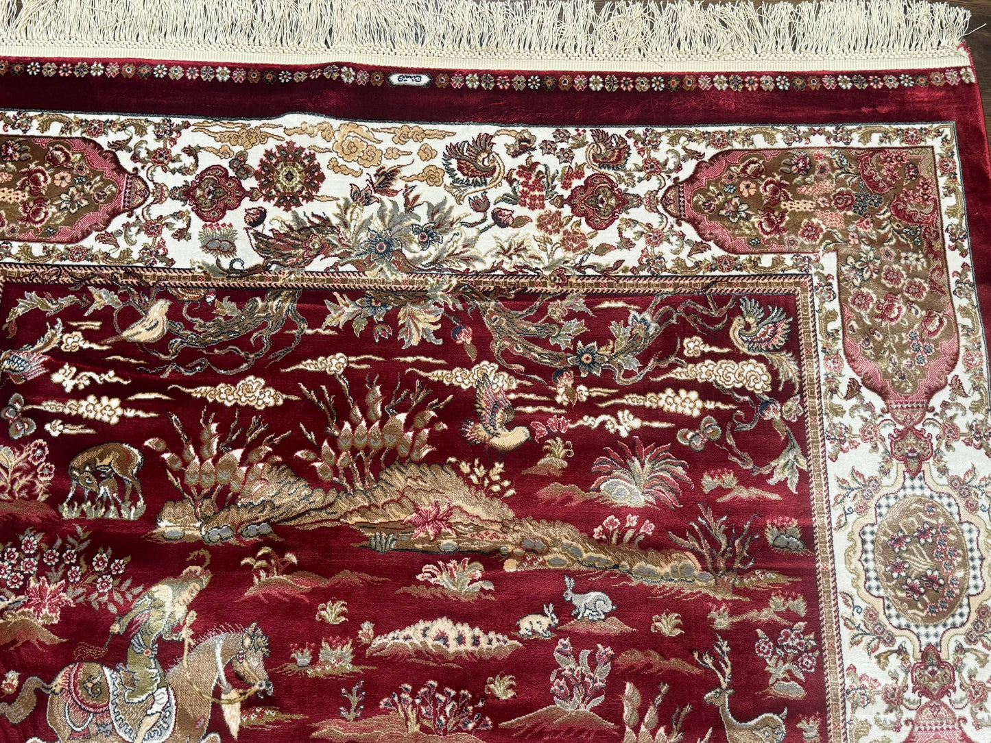 Turkish Silk Hunting Design Rug 4x6 Bamboo Silk Dark Red Ivory