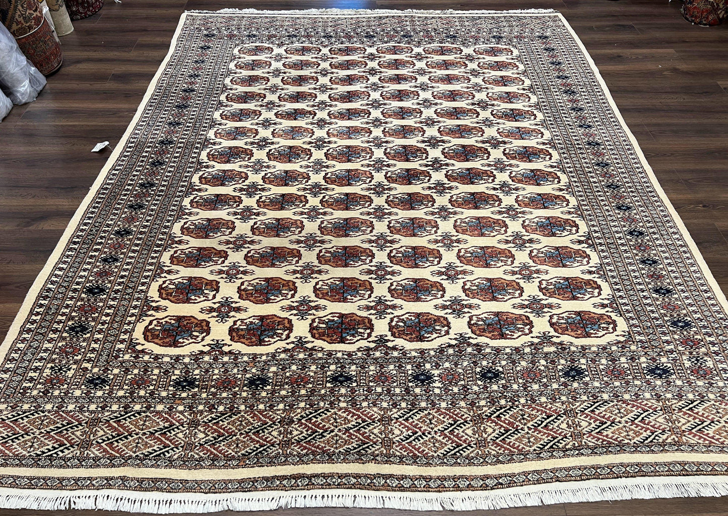Pakistani Bokhara Rug 8x10, Traditional Turkoman Tribal Carpet, Allover Repeated Elephant Foot Motif, Ivory/Cream Black Red, Vintage Handmade