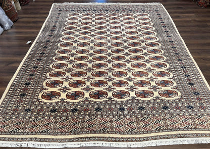 Pakistani Bokhara Rug 8x10, Traditional Turkoman Tribal Carpet, Allover Repeated Elephant Foot Motif, Ivory/Cream Black Red, Vintage Handmade