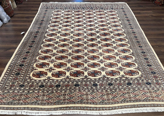 Pakistani Bokhara Rug 8x10, Traditional Turkoman Tribal Carpet, Allover Repeated Elephant Foot Motif, Ivory/Cream Black Red, Vintage Handmade
