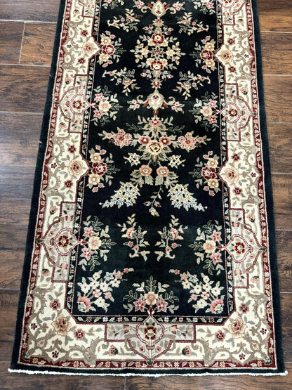 Long Pak Persian Runner Rug 2.7 x 21, Floral Allover, Dark Green and Beige, Handmade Wool Runner Rug, 21ft Runner for Hallway