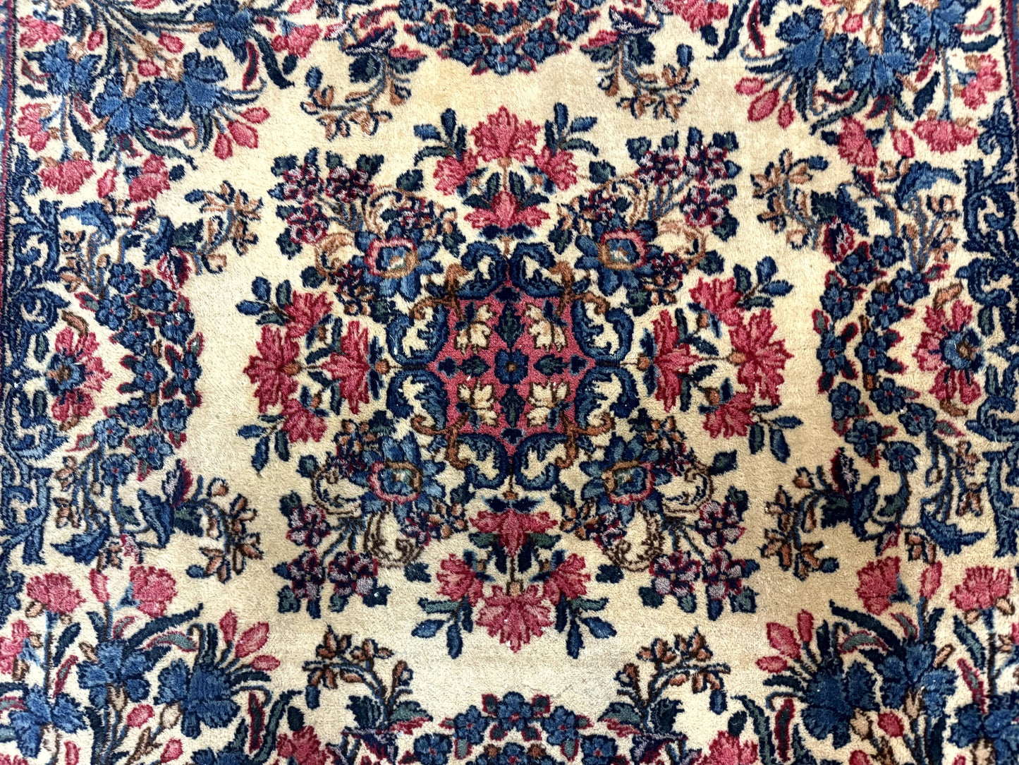 Persian Kerman Rug 4x4 Square Ivory Blue Pink Handmade 225 KPSI