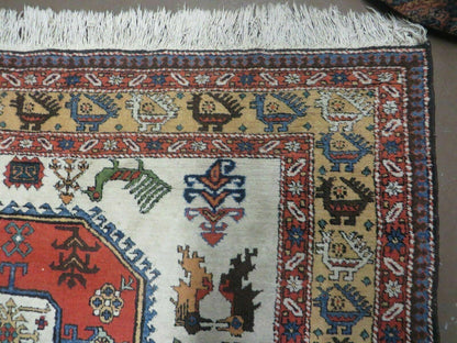 Turkish Knotted Wool Rug Vintage 7x10 Birds Animal Ivory Handmade Organic