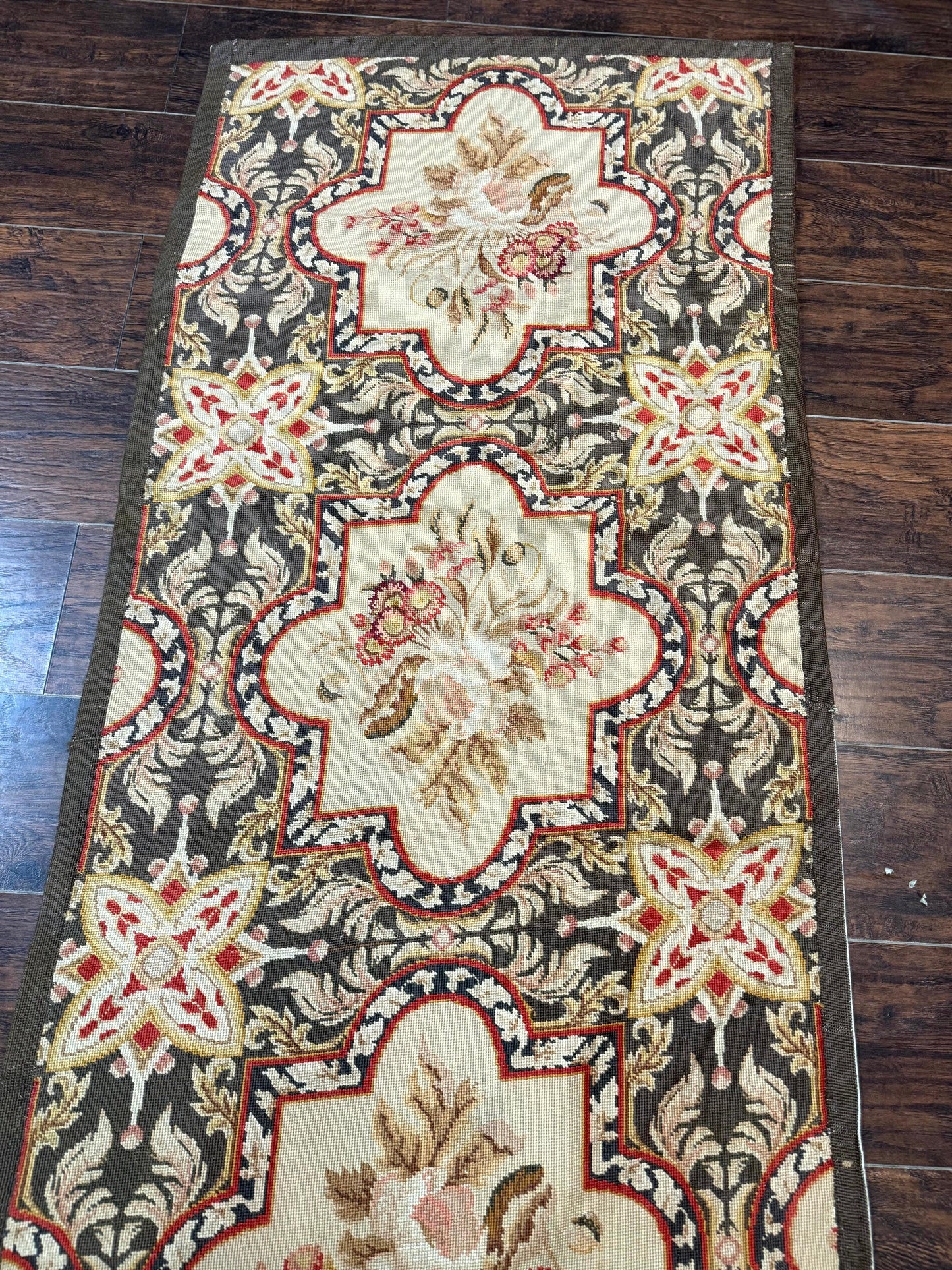 Needlepoint Runner Rug 2.7 x 9.7, European French Design, Wool, Handmade, Vintage