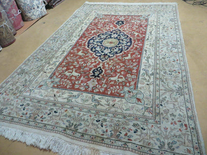 Vintage Indian Wool Rug Hunting Birds And Deer Oriental Floral Design 6 By 9