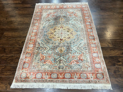 Silk Turkish Rug 5x7, Light Blue Silk Carpet, Floral Medallion, Turkish Kayseri Rug, Vintage Handmade Oriental Rug