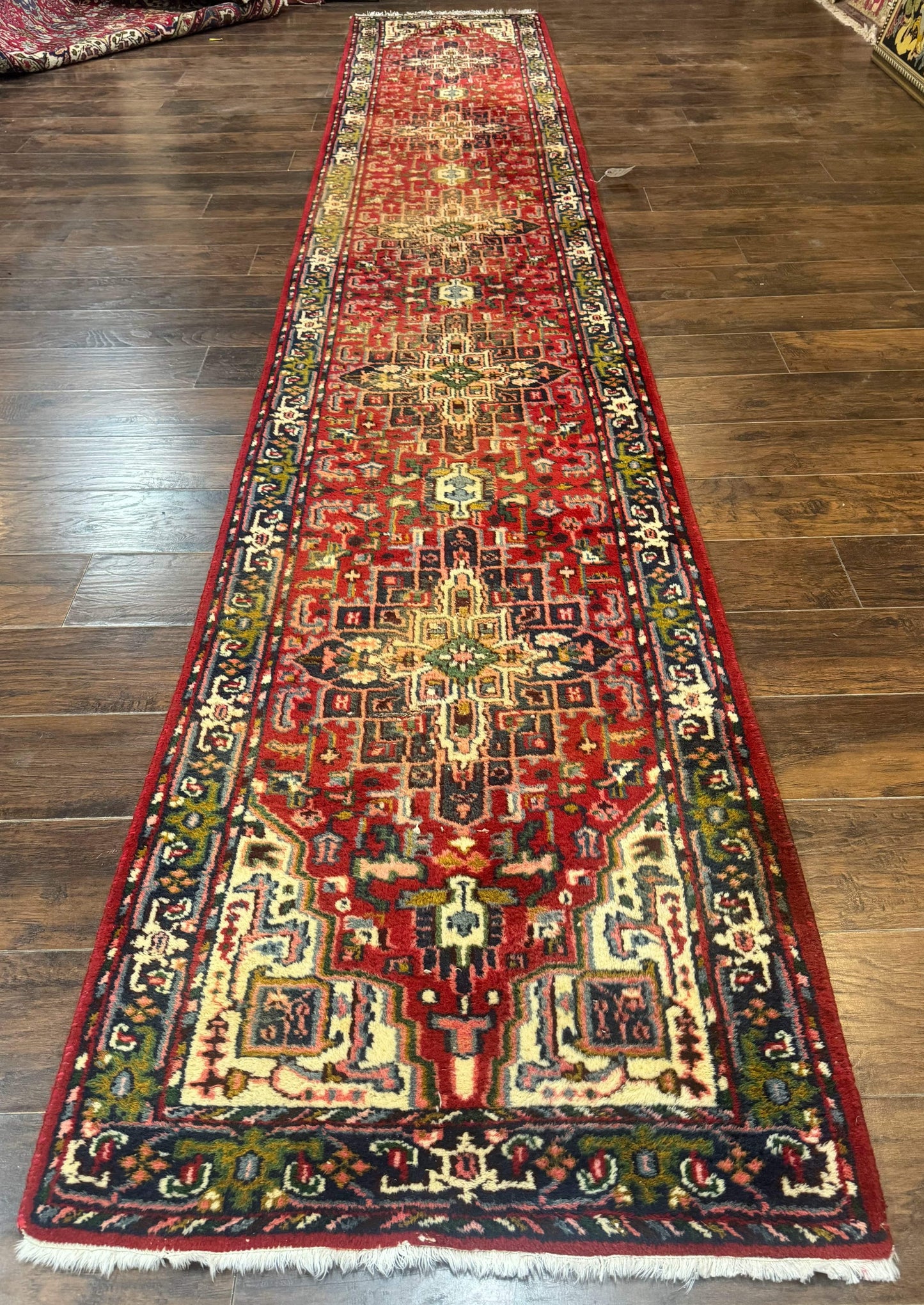 Indo Persian Heriz Runner Rug 3 x 17, Geometric Long Runner Carpet for Hallway, Medallions, Wool Runner Rug 3x17
