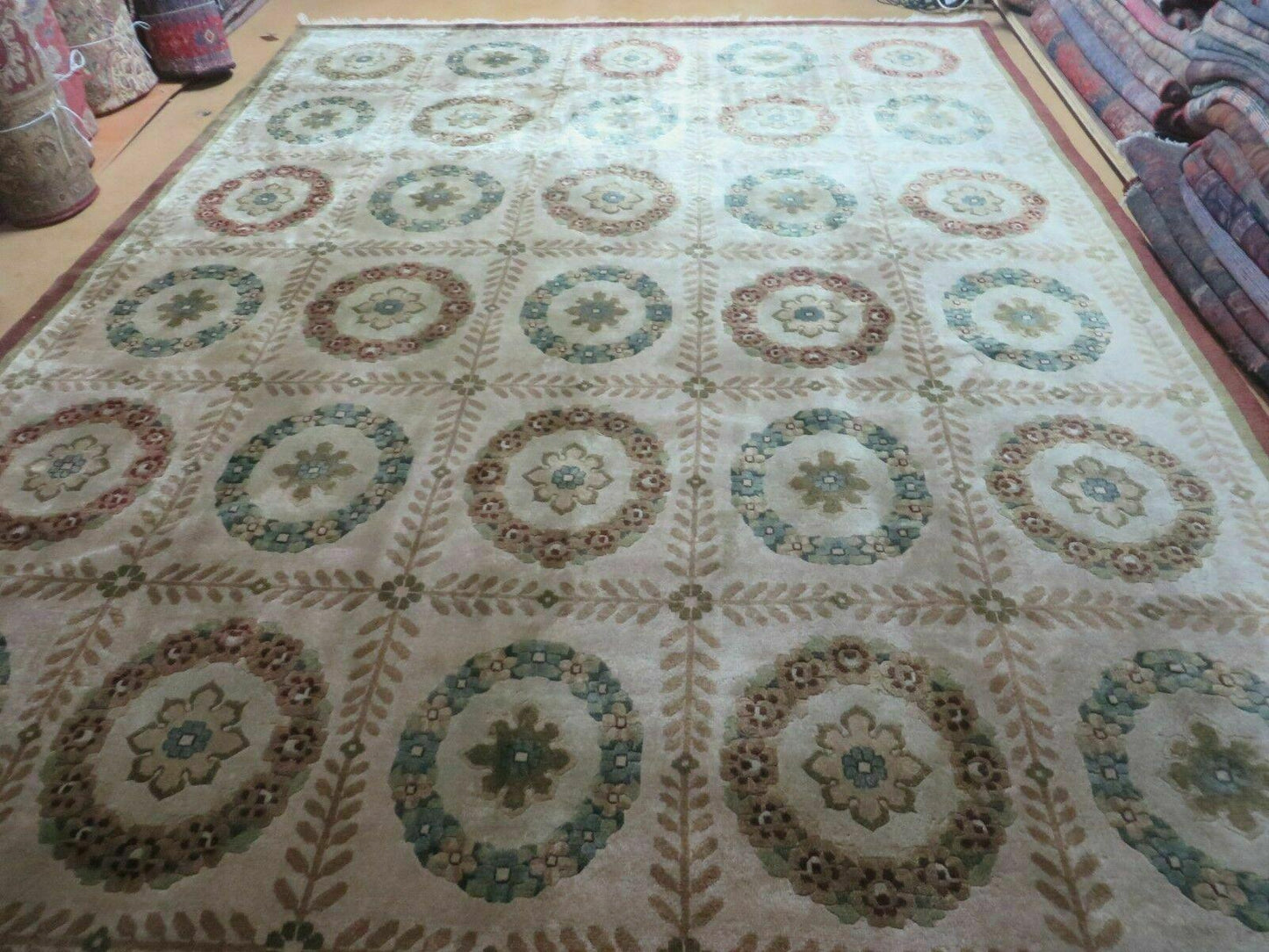 Handmade Wool Rug Indo Lahore 9x12 Modern Art Deco Olive Ivory
