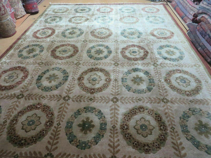 Handmade Wool Rug Indo Lahore 9x12 Modern Art Deco Olive Ivory