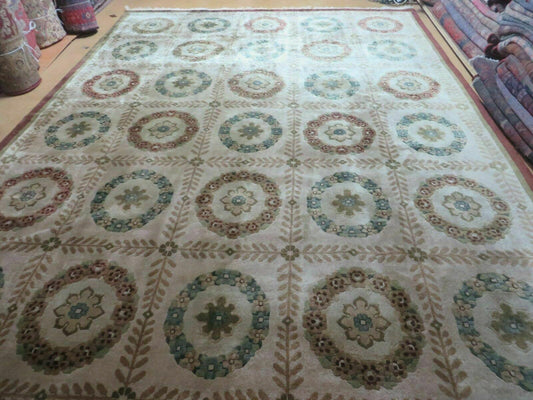 Handmade Wool Rug Indo Lahore 9x12 Modern Art Deco Olive Ivory