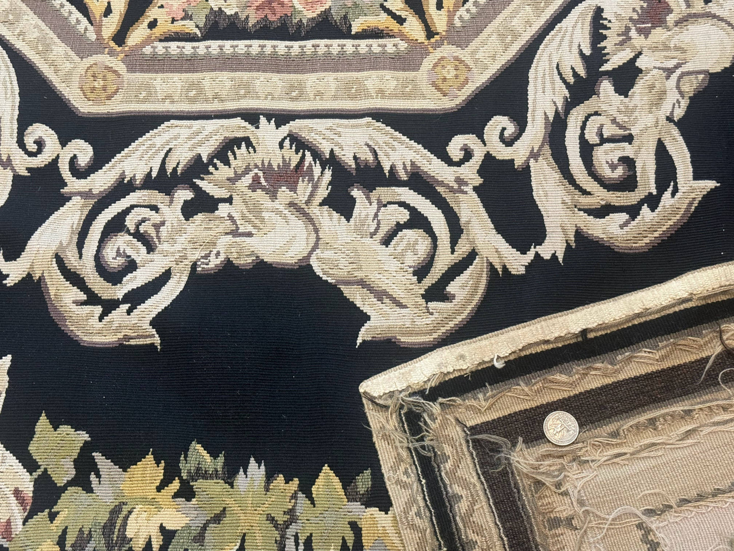 Vintage Aubusson Rug 6x8 Wool Hand Knotted European Design Lion Pictorial Black