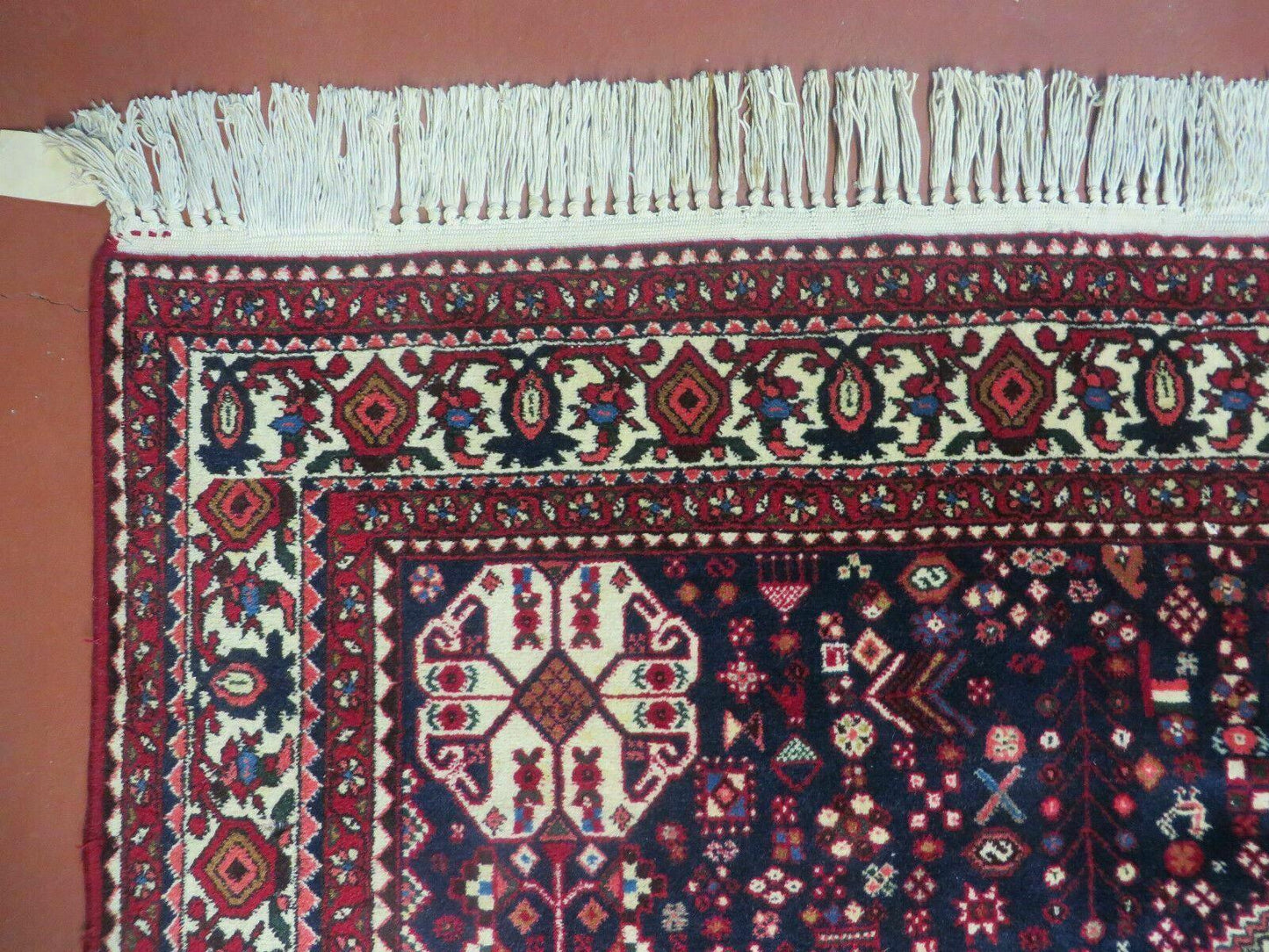 Vintage Indian Floral Wool Rug Hand Knotted 7x10 Ivory Red