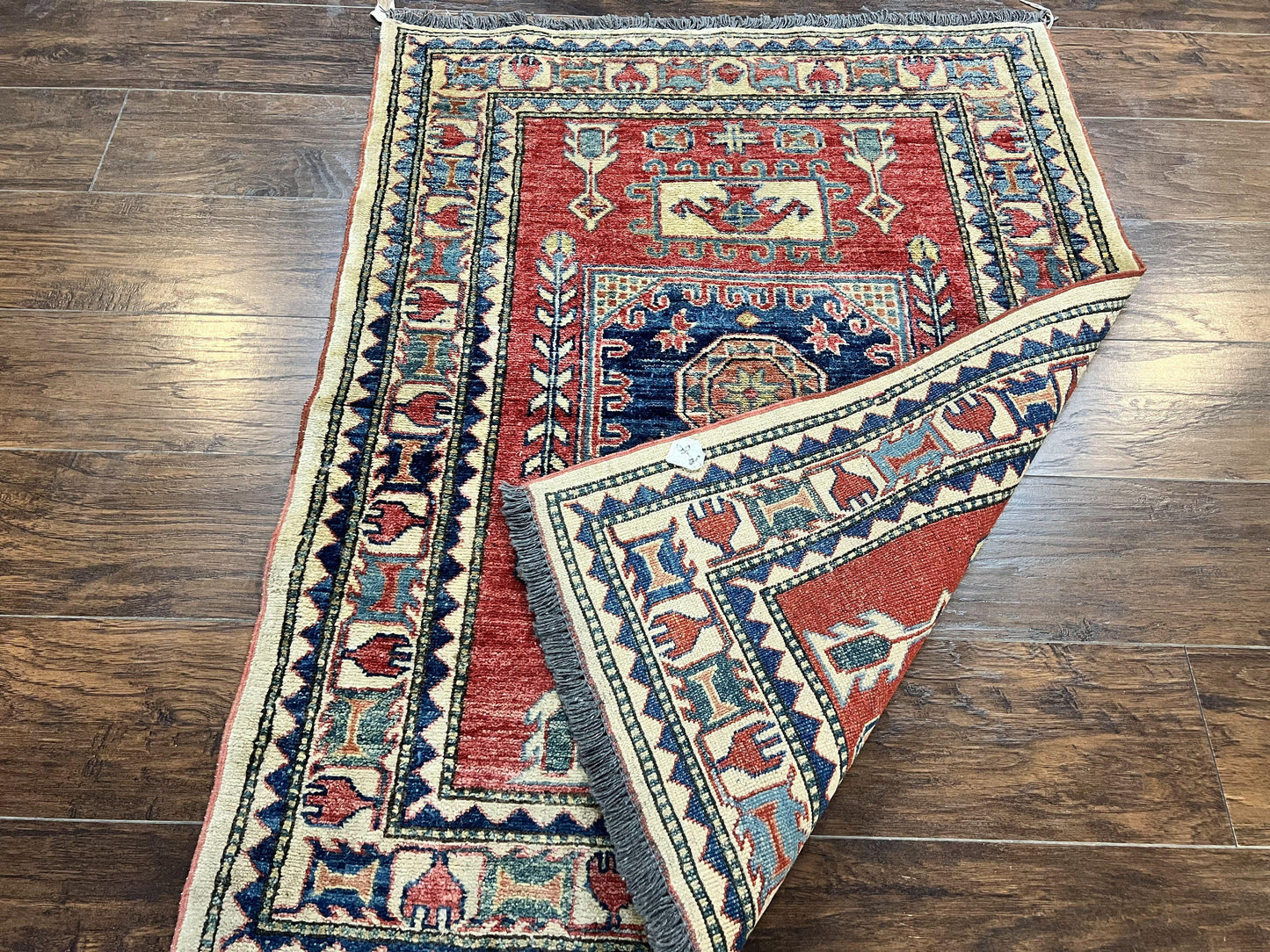 Turkish Kazak Rug 3x4 Hand Knotted Wool Vintage Carpet Red Navy Blue Geometric Design