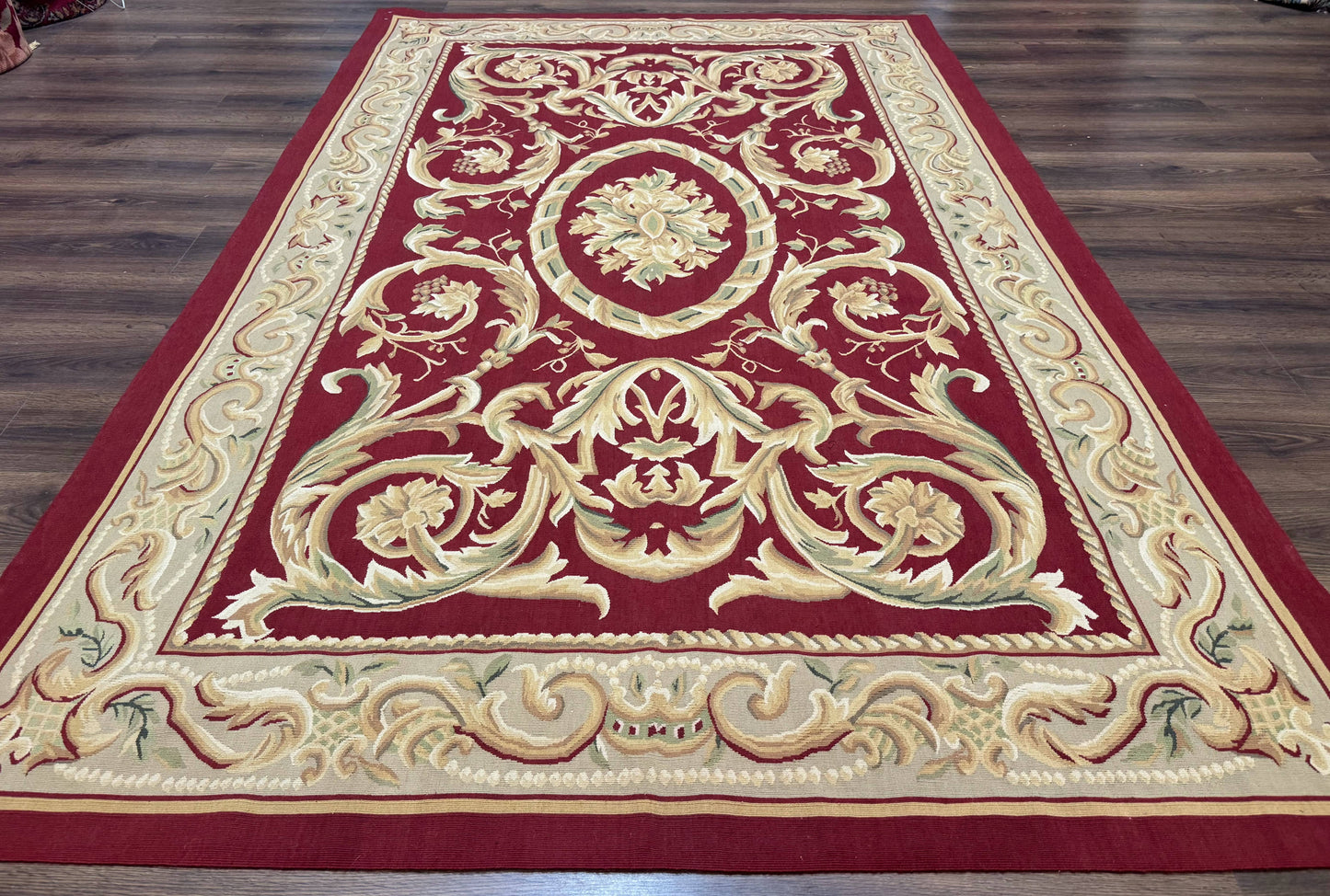 Burgundy Aubusson Wool Rug 6x9 Hand Knotted Vintage Carpet
