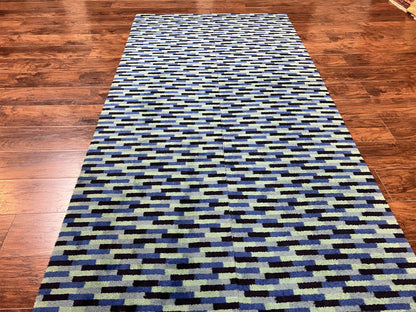 Wool Runner Rug Blue Multicolor Mosaic Design 4.7 x 12 Contemporary Power Loomed