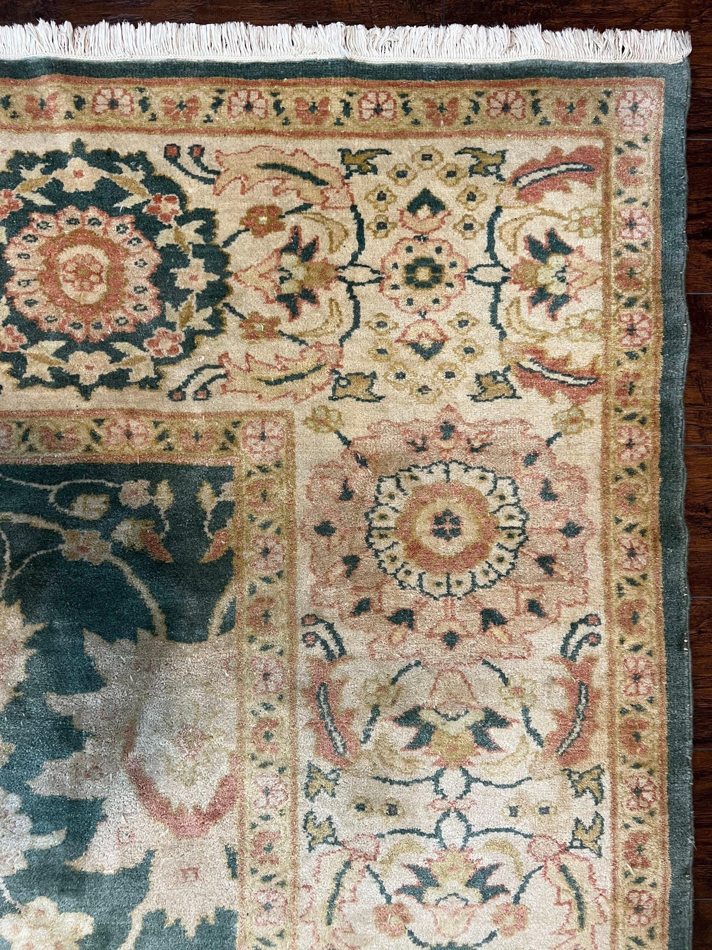 Egyptian Mahal Rug 10x14, Large Vintage Floral Hand Knotted Wool Carpet 10 x 14, Dark Green and Beige Traditional Handmade Persian Area Rug