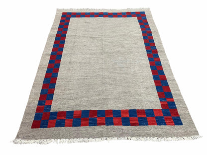 Geometric Kilim Rug Handmade Wool Hand Knotted Gray Blue Red Checkerboard