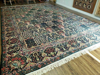 Persian Rug 10x15 Hand Knotted Wool Carpet Vintage Kirman Yazd Floral Dark Blue Beige