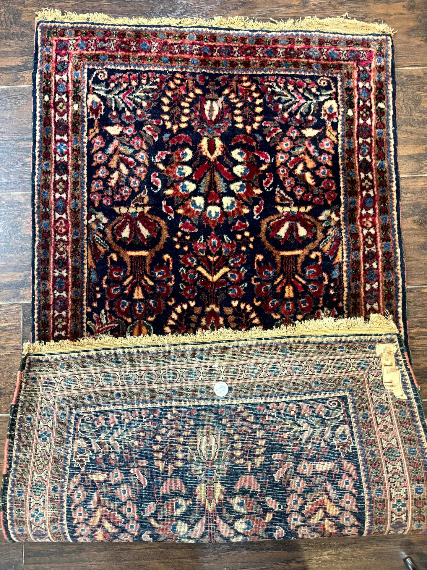 Small Navy Blue Persian Rug 2x4, Sarouk Rug, Rare Colors, Antique 1920s Wool Rug