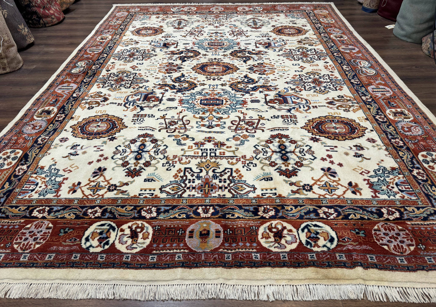 Indo Chinese Wool Rug 9x12 Ivory And Rust Red Dragon Motifs Hand Knotted